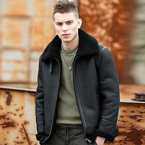 Denny&Dora Men's Black Shearling Jacket Natural Shearling Leather Coat Mens Pilot Jacket2