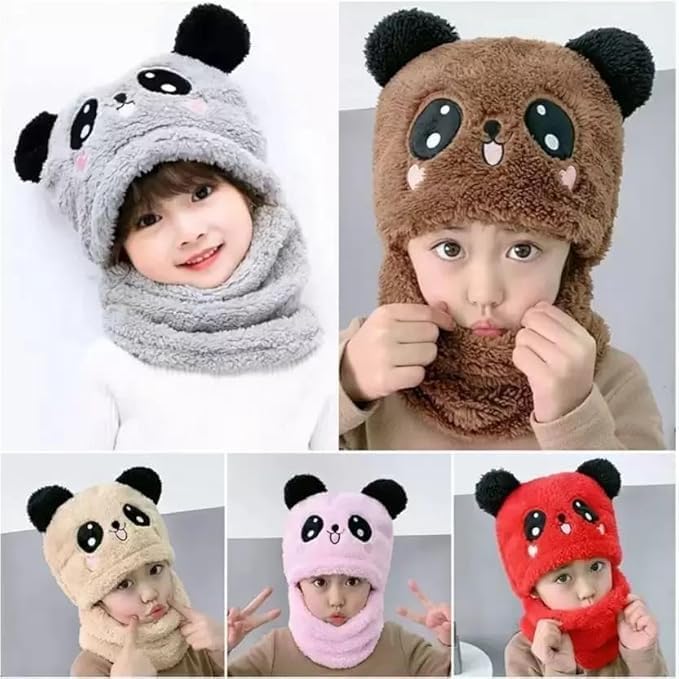MD Winter Fuzzy Plush Balaclava Hat Cartoon Panda Animal Thick Windproof Full Cover Earflap Hood Cap Neck Warmer Scarf for Boys Girls | Age-2 to 6 Years | Soft Wool | Monkey Cap Multicolour 4