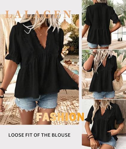 LALAGEN Womens Blouses Laser Cut Deep V-Neck Puff Sleeve Blouse Tops 2025 Summer Boho Dressy Casual Swiss Dot Babydoll Shirts2
