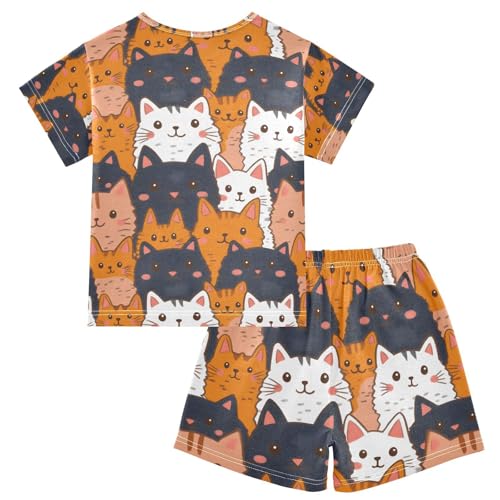 ALAZA Funny Cat Lovely Kitten Pajamas Set Short Sleeve Cotton Sleepwear Summer Pjs 2 Piece 5-14Y2