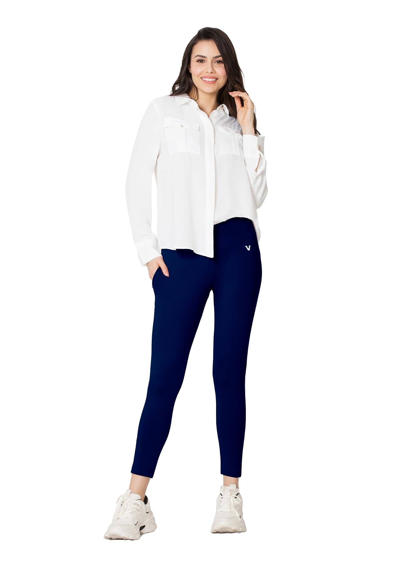PL02 Women Ankle Length Stretchable Slim Fit Leggings with Secured Side Pocket | Moisture-Wicking | Soft Waistband & Cotton-Elastane Fabric | L | Deep Navy-image-27
