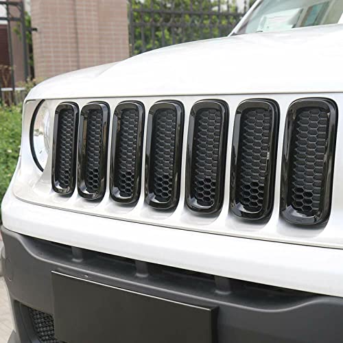 Image of Front Bumper Grill Insert Rings Vent Cover Trim Compatible with Jeep Renegade 2015 2016 2017 2018 Gloss Black (7pcs)