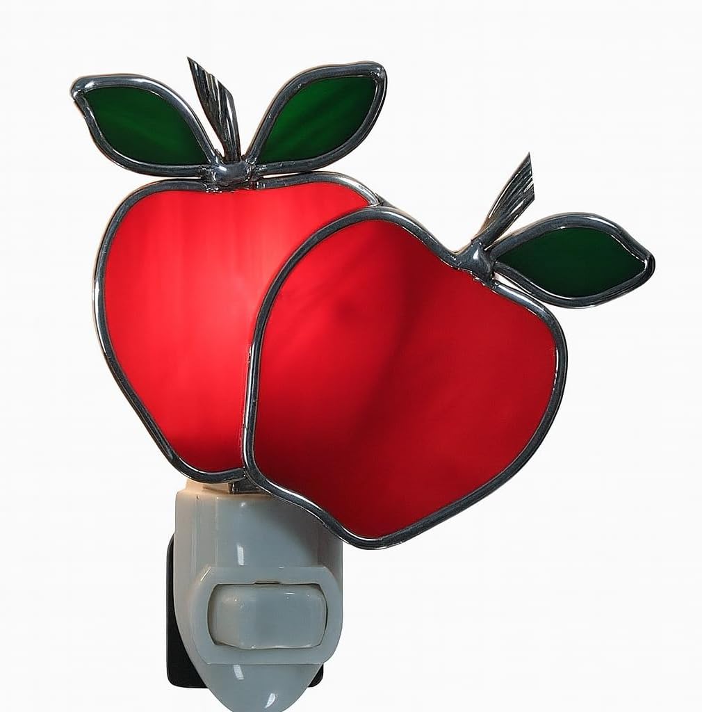 Stained Glass Apple Night Light – Red Apple Design with Green Leaves – Real Stained Glass with Silver Finish – Standard Night Light Base with 5 Watt Bulb – Kitchen or Teacher Gift Décor