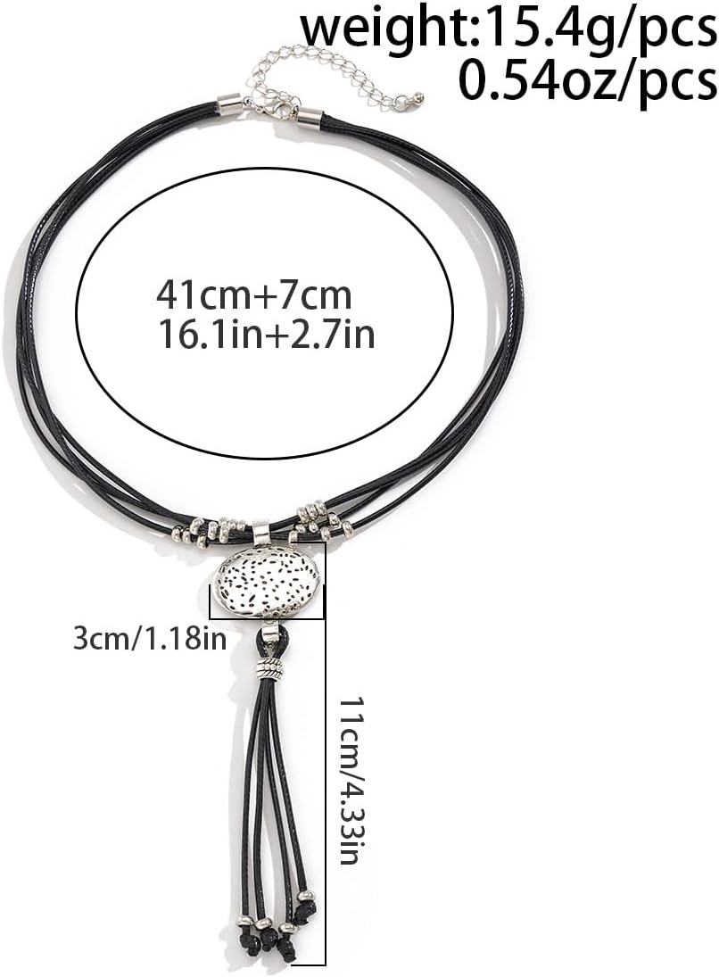 Boho Leather Necklace for Women Stylish Leather Wax thread Necklace Black Rope With Oval Silver Pendant necklaces Simple Vintage Tassel Necklaces Tie Western Outfits Country Jewelry Gifts - Image 7