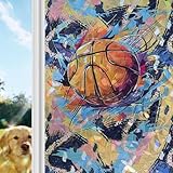 Sports Theme Rainbow Window Privacy Film, Basketball Colorful Graffiti Stained Glass Window Film, Sun Blocking Glass Clings Static Cling Non Adhesive Door Stickers 17.7 x 39.3 Inches