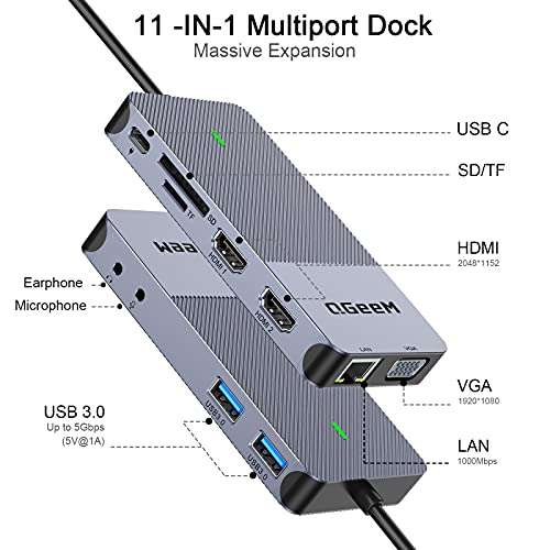 Image of QGeeM USB 3.0 Laptop Docking Station, Triple Display USB Hub Hdmi Splitter Extender Dual Monitor,USB Dock with 2 HDMI,VGA,USB 3.0,Compatible for MacBook M1 M2 M3 M4 Dell HP Lenovo Mac OS-Grey