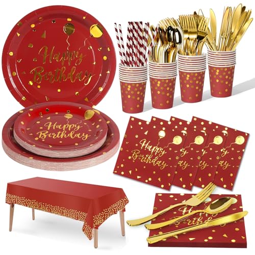 Nkaiso 161 Pcs Burgundy Gold Birthday Plates and Napkins Set -20 Serves