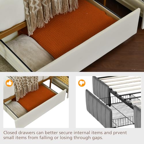 Queen Size Rounded Metal Upholstered Bed with , Velvet Platform Storage Bedframe with Headboard, Wooden Slats Support, No Box Spring Needed, Cream