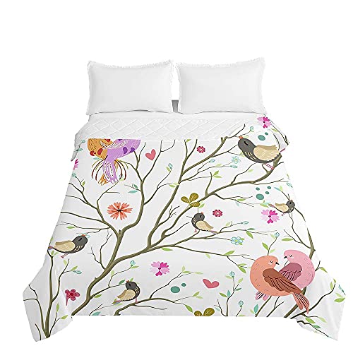 Surwin Couvre Lit Matelassé pour 1 ou 2 Personnes, Dessus de Lit Imprimé Oiseau Floral Printanier 3D Couverture de lit en Microfiber Doux Jeté de Lit Printemps Été (Floraison,150x200cm)