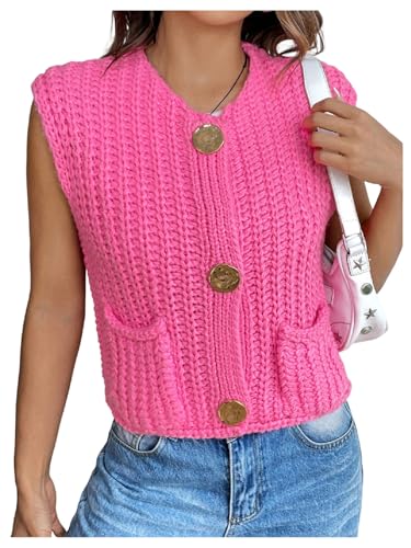 Image of GORGLITTER Women's Cropped Sweater Vest Sleeveless Button Up Cardigan Cute Holiday Knit Sweater Tank Tops Dressy Casual Hot Pink X-Large