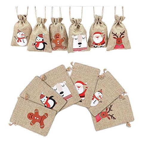 MIRFURT 24 pack Christmas Jute Burlap Gift Bags with Drawstrings Christmas Burlap Goody Bags, Small Burlap Sack Candy Cookies Sweet Pouch for Kids Holiday Party Favors Cover
