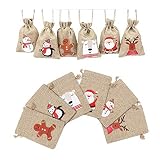 🦌 【Diseño navideño】: 24 bolsas de arpillera navideñas impresas con 6 lindos diseños de estilo navideño cada una, 4 unidades, también incluye 1 cuerda de yute de 33 pies. Agrega más diversión y aumentará el ambiente navideño antes de Navidad.