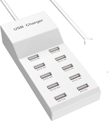 10-Port USB Charging Station, Multi-Device Fast Charging Hub, 5V/2.4A USB Charger for Smartphones, Tablets & Devices, Overcharge & Overvoltage Protection, White