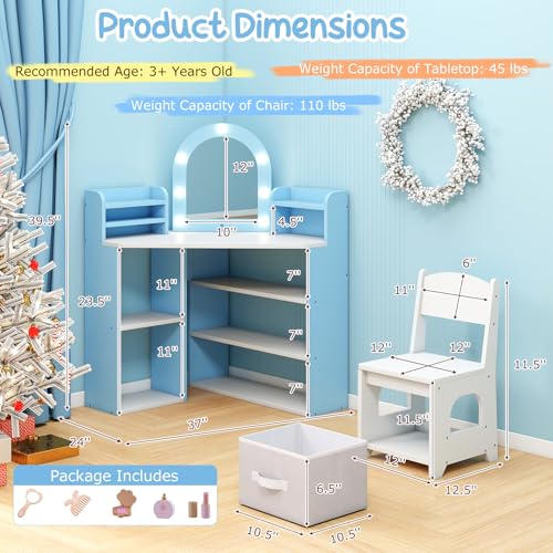 Image of Costzon Kids Vanity with Lights, Corner Vanity Desk with Mirror, Storage Shelves, Wooden Princess Toddler Makeup Dressing Table, Kids Vanity Table and Chair Set for Little Girls (Blue)
