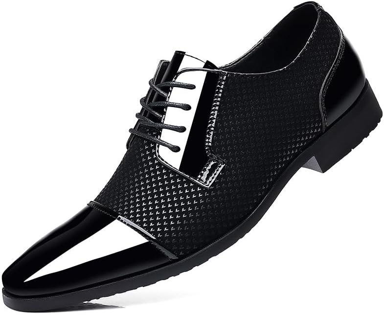 Sapato social masculino Oxford de couro envernizado clássico cadarço formal smoking sapatos negócios casamento Derby sapato bico bico moderno, Preto, 42