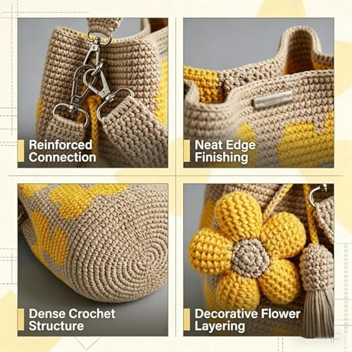 Bolso tote tejido a mano con flores para mujer miniatura 5