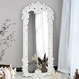 ZIYOO Vintage Floor Full Length Decorative Mirror, Distressed White Carved Wood Frame Baroque Ornate for Bedroom, Living Room, Entryway, 65'x24', White