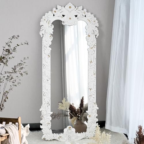 ZIYOO Vintage Floor Full Length Decorative Mirror, Distressed White Carved Wood Frame Baroque Ornate for Bedroom, Living Room, Entryway, 65