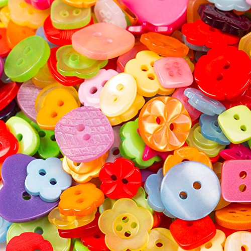 Akoak 1 Bottle (Approx. 400Pcs) Handmade Candy-Colored Children's Clothing Buttons, Square/Heart-Shaped/Flower-Shaped, A Variety Of Shapes And Colors Are Shipped Randomly #TOP17