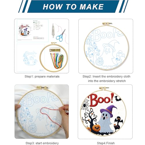 Image of Zhenqing Halloween Ghost Embroidery Kit for Beginners, Cute Boo Needlework Kit with Pre-Printed Cotton Fabric, 20cm Hoop, Threads & Tools, Spooky DIY Wall Decor (C0117)