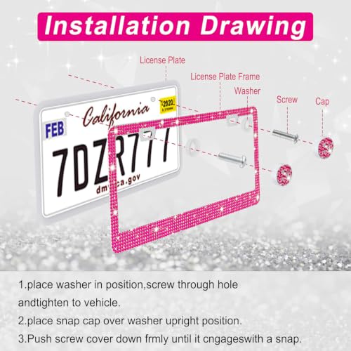Image of Amiss Bling License Plate Frame for Women, 1Pack Rhinestone Handcrafted Crystal Premium Stainless Steel, Stainless Steel Car Decorative Accessories with Diamond Sparkle Glitter Caps (Hot Pink)