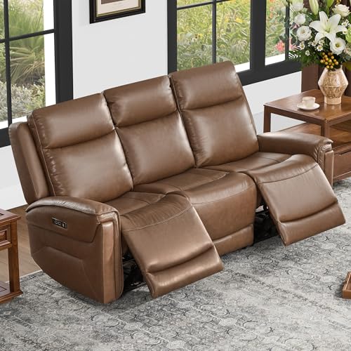 Watson & Whitely Power Recliner Sofa 3 Seat, Genuine Leather Super Zero Gravity Reclining Couch W Adjustable Headrest, Sofa Reclinable for Living Room Home Theater, Cafe Brown