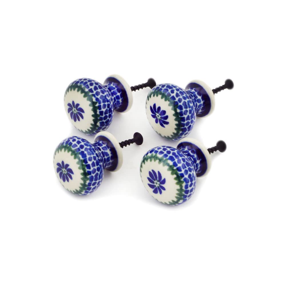 Polish Pottery Set of 4 Drawer Pull Knobs Made by Ceramika Artystyczna (Polka Dot Daisy Theme) + Certificate of Authenticity