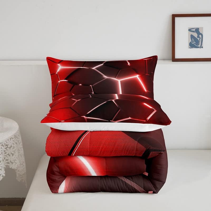 Miniatura 5 de Juego de edredón de nido de abeja, edredón hexagonal rojo degradado para niños, niñas, adolescentes, juego de ropa de cama geométrico, transpirable,
