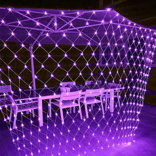 HHUYAMM Luces solares de red para exteriores, 1,5 m x 1,5 m, 100 luces LED de malla con 8 modos, luces de red de encendido/apagado automático para arbustos, arbustos, decoración de césped (morado)