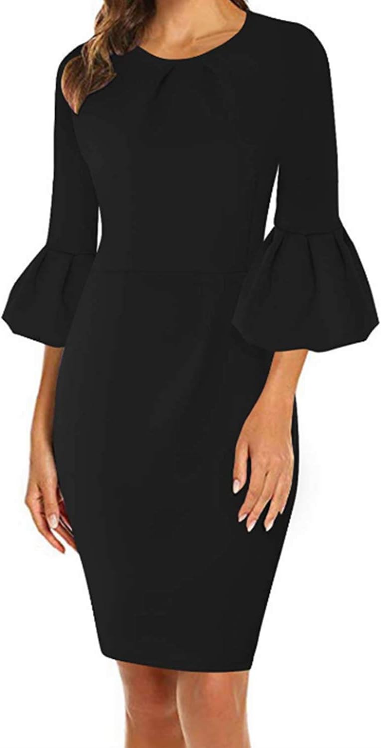 VIUVIU Womens Flounce Bell Sleeve Pleated Cocktail Bodycon Dress Office Work Casual Pencil Party Dresses