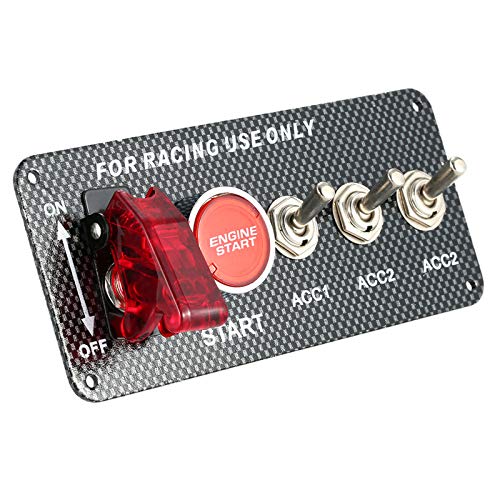 KKmoon 12V Ignition Switch Panel, 3 Toggle Switch & 1 Red Car Engine Start Push Button Panel with Indicator Light for DIY Racing Car Modification