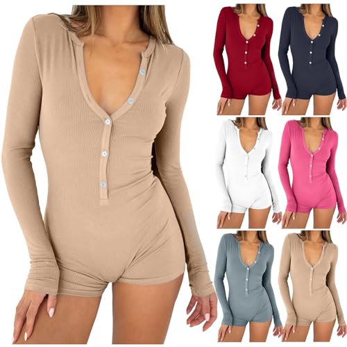 Jumpsuit Damen Schlafanzug Einteiler Damen Kurz Elegant Shapewear Body Langarm Bodysuit Mit Knöpfen Overall V-Ausschnitt Bodycon Stretch Onesie Y2K...