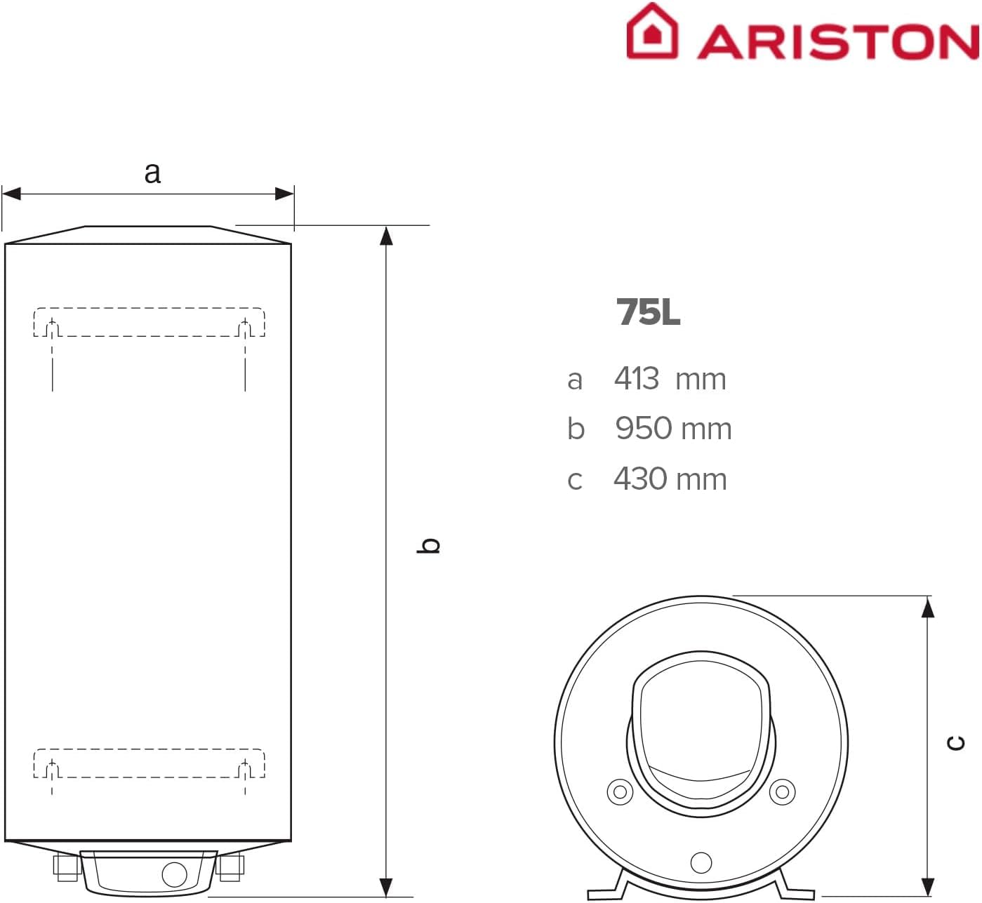 Ariston, Fleck Nilo - Termo Eléctrico 75 Litros, Calentador de Agua Eléctrico Horizontal y Vertical Eficiente, Calentadores 41.3x43x95 Fabricado para Instalación en España - Eficiencia B, Rango (A+/F)