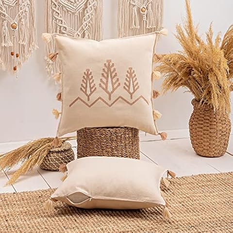 Milam London Set of 2 Boho Cushion Covers 45 x 45 | Soft Decorative Pillows | Cotton & Linen Throw Pillow Case With Embroidered Tree Pattern | Cream Cushion Covers 18x18 | New Home Gifts Cover