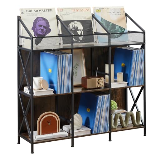 EYOCAL 9 Grids Vinyl Record Storage Holder Rack， Wooden Record Display Table for Magazines Files...