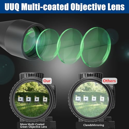 UUQ VibeShield Rifle Scope with Mil-dot Reticle - Shockproof SFP Optics for Hunting and Airsoft, Fit Large Caliber & High Recoil Guns, FMC Green Lens, 1-Inch Tube, Includes 20mm Mounts