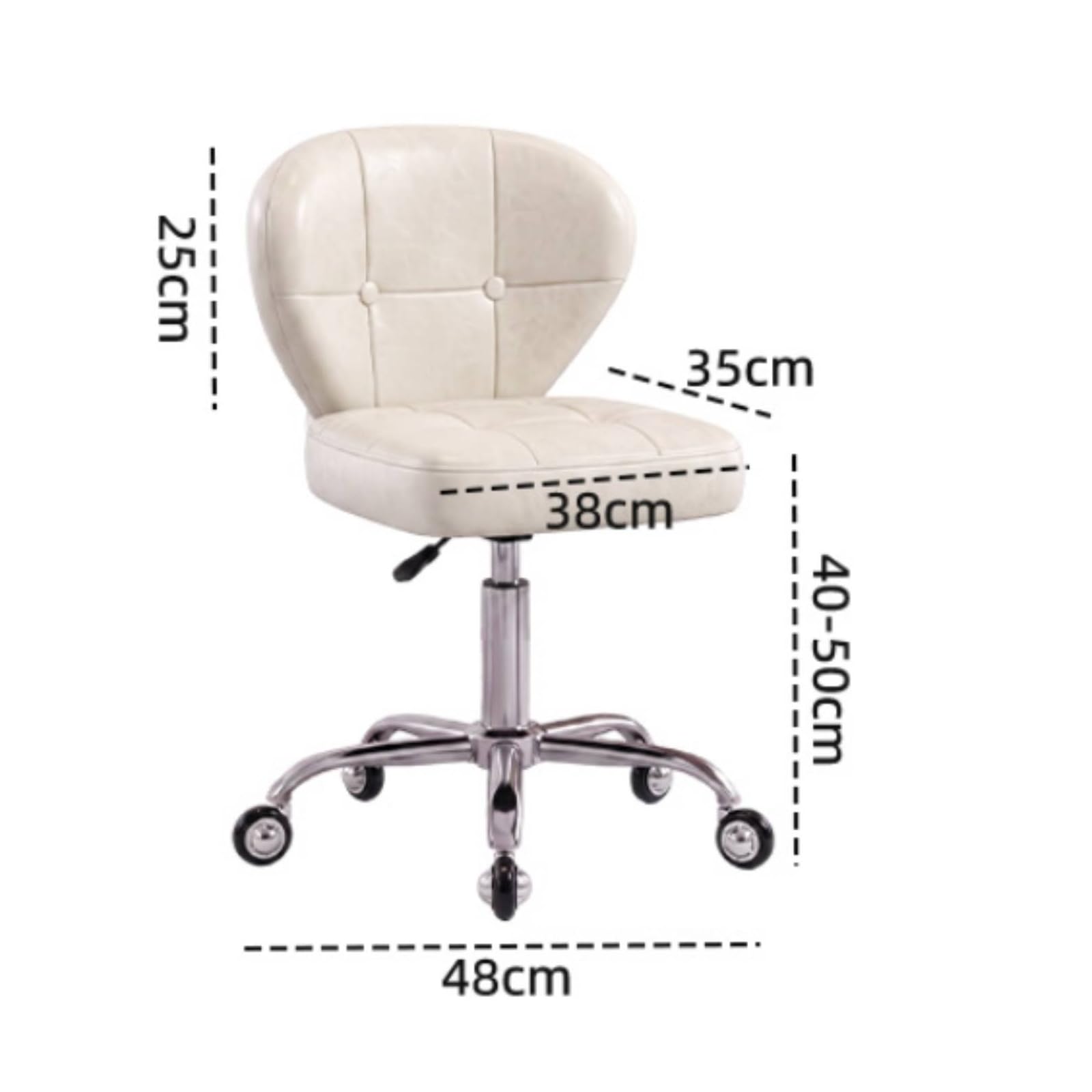 Poltrona Girevole per Salone con Rivestimento in Pelle Imbottitura Spessa Pistone Pneumatico Rotazione 360 Gradi Base a Cinque Raggi con Ruote per, Ruote Gommate Con Freno, Bianco, Senza Poggiapiedi