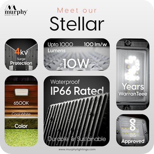 Image of Murphy Stellar 10W LED Flood Light with 2-Year Warranty | Cool White | High Brightness Outdoor LED for Security, Landscape, Warehouse, Backyard | IP66 Waterproof | BIS Approved Pack of 5