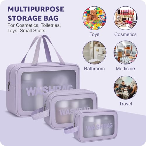 Image of FLYNGO Clear Makeup Pouch Set, Cosmetic Organizer Bag for Women and Girls Travel Waterproof Toiletry Storage Kit (Set of 3 Purple)