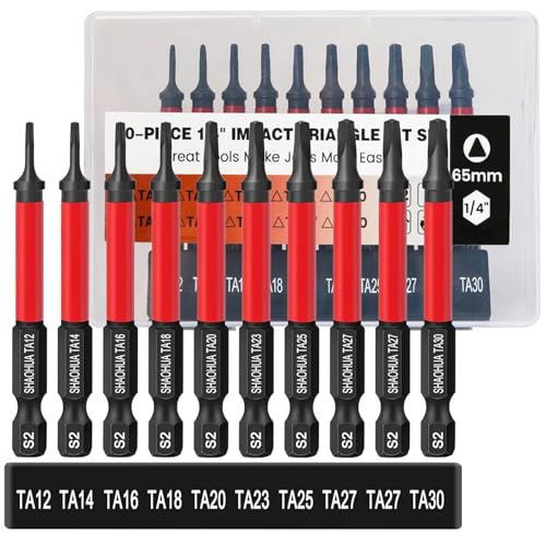 SHAOHUA 10PCS Triangle Screwdriver Bits, TA12/14/16/18/20/23/25/27(x2)/30 Impact Tough Triangle Bits Set, Upgraded S2 Steel Triangle Drill Bit Set, 1/4''Hex 65mm Length Triangular Screwdrivers