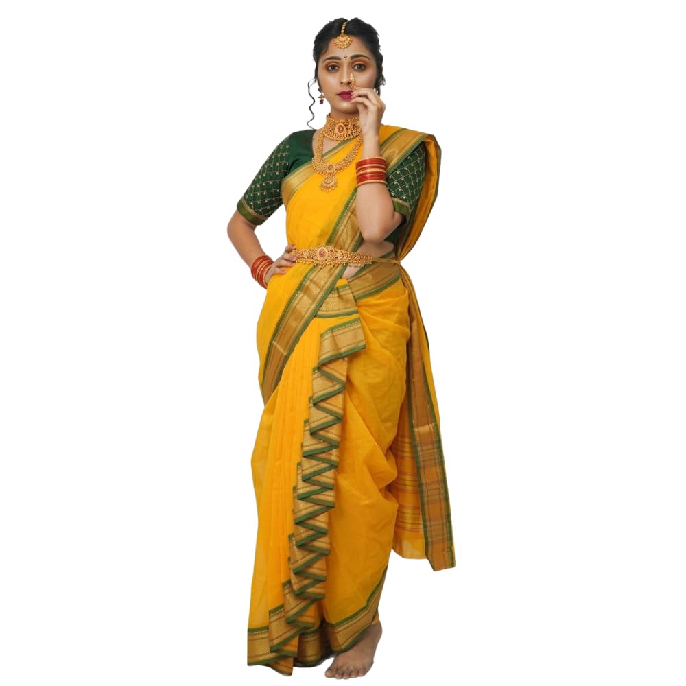 mom and me Acrylic Cotton Paithani Woven Mastani Nauvari Saree, Ready to Wear, Maharashtrian Marathi Style, Colours Blue, Green, Purple, Morpankhi, Orange, Pink, Red, Yellow-picture-11