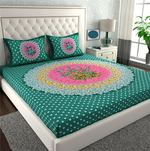 Image of KOUNDAL Rajasthani Jaipuri Sanganeri Print 144 TC 100% Pure Cotton BedSheet Set for Double Bed King Size, Flower Pattern, Double Bedsheet Cotton with 2 Pillow Covers