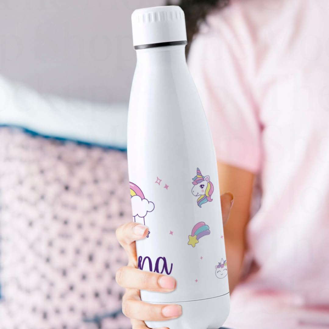 Pack vuelta al cole diseño unicornios botella personalizada + fiambrera personalizada con texto para el colegio o guardería. Libre BPA y reutilizable | Bebidas frías y calientes hasta 12h