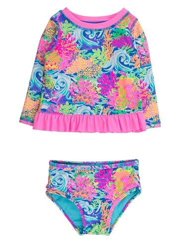 Image of RuffleButts Baby /Toddler Girls Long Sleeve Rash Guard UPF50+ Sun Protected Bikini Swimsuit