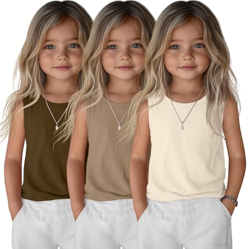 Ficerd 3 Pack Toddler Girls' Tank Tops Baby Casual Crew Neck Sleeveless Shirts Kids Basic Athletic Loose Fit Solid Tee(5T,Brown, Khaki, Cream)