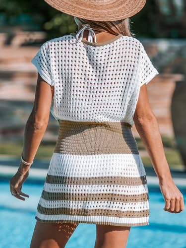 Image of CUPSHE Women Crochet Swim Cover Up Short Sleeve V Neck Bathing Suit Beach Dress Summer Swimwear Coverups