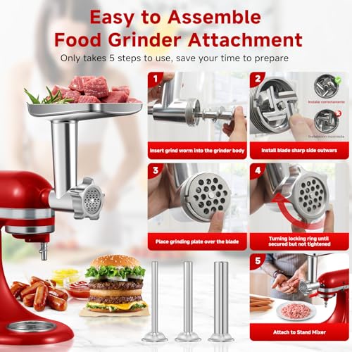 Image of Meat Grinder Attachment for Kitchen Aid Stand Mixer, Food Attachment Included 4 Grinding Plates, 3 Sausage Stuffer Tubes & Holder, 2 Grinding Blades, Burger Press, Dishwasher Safe, 304 Stainless Steel