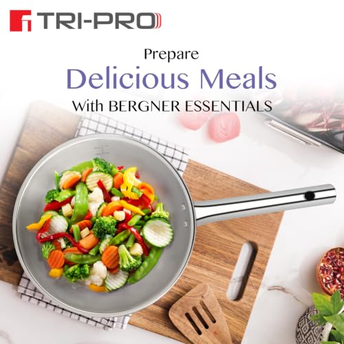 Image of TriPro TriPly Stainless Steel 3 Pcs Cookware Set - Kadai 22cm (2.3L) and Frypan 22cm (1L) with a Common Stainless Steel Lid, Consumes Less Oil, Healthy Cooking - Induction and Gas Stove Ready