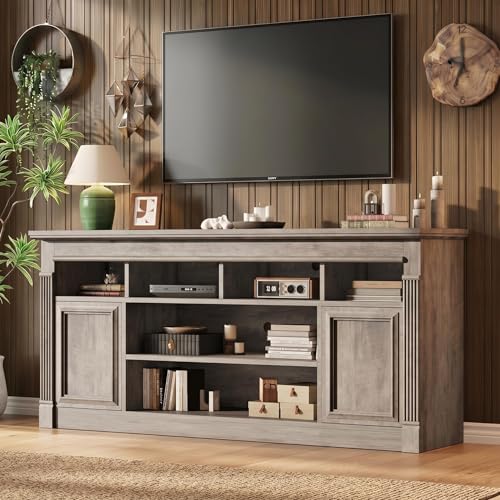GAOMON TV Stand for TVs Up to 75 Inches, Entertainment Center with Open Storage Shelves and Cabinets, Farmhouse Media TV Console Table for Living Room, Bedroom, Grey 67'' Grey