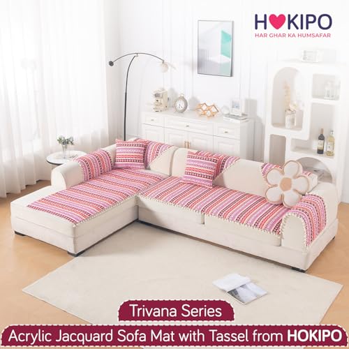 Image of HOKIPO L Shape (2+2 Seater) Sofa Cover Seat Mat | 300 GSM Cotton Acrylic Jacquard Fabric with Tassel, 'Trivana Series' Hot Pink (IN-934+935-J3)
